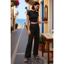 Benerly Kadın Puantiyeli Likralı Örme Crop Top Geniş Paça Takım Regular Kesim Kısa Kollu Günlük Rahat Modern
