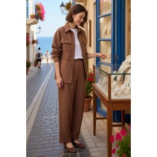 Benerly Kadın Büyük Beden Gömlek Pantolon Takımı %100 Polyester Keten Dokulu Uzun Kollu Rahat Kesim Günlük