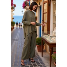 Benerly Kadın Büyük Beden Hakim Yaka Panço Gömlek Ikili Takım Modal Polyester Uzun Kol Günlük Rahat Modern