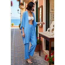 Benerly Kadın Büyük Beden Dokuma Kimono Ceket Bol Paça Pantolon Plaj Takımı Şal Yaka Truvakar Kol Günlük