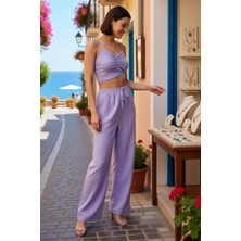 Benerly Kadın Büyük Beden Ince Askılı Kalp Yaka Büzgülü Crop Top Uzun Pantolon Plaj Takımı Günlük Rahat