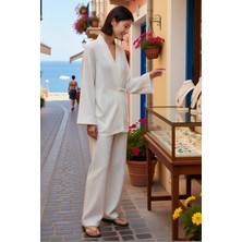 Benerly Kadın Büyük Beden Oversize Çizgili Dokuma Müslin Plaj Kimono Pantolon Takımı %100 Pamuk Günlük Rahat