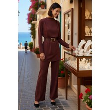 Benerly Kadın Büyük Beden Fitted Kesim Degaje Yaka Uzun Kol Örme Takım Kemer Detaylı Rahat Günlük Modern