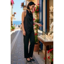 Benerly Kadın Büyük Beden Dik Yaka Saten Takım Uzun Kollu Rahat Kesim Viskoz Polyester Karışım Günlük Modern