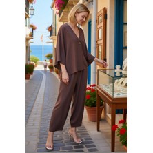 Benerly Kadın Büyük Beden V Yaka Kimono Kollu Oversize Dokuma Bluz Pantolon Takımı Rahat Günlük Modern Şık