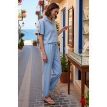 Benerly Kadın Büyük Beden Kısa Kollu Gömlek Yaka Denim Takım %100 Liyosel Rahat Kesim Günlük Modern Şık
