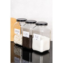 Dolkin Home 3'lü 3 Litre Kavanoz Seti Çay Şeker Tuz Etiketli 3000 ml Metal Kapaklı Cam Kavanoz Seti