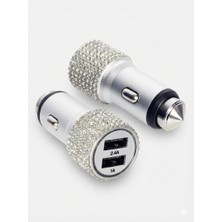 Kristal Taşlı Metal Araç Çakmaklık Şarj Aleti Çift Usb-A Girişli Hızlı Şarj 2.4A 12-24V Gümüş