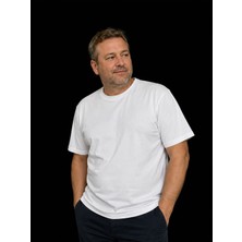 Baba Pant Simenti,sıfır Yaka %96 Pamuk , Rahat Kalıp T-Shirt - Beyaz