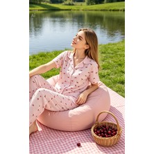 NiCe İç Giyim Kirazlı Pembe Ekose Gömlek Yaka Düğmeli Milan Kumaş Kısa Kol Kadın Pijama Takım