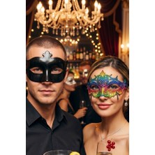 Zurafa Shop Gatsby Renkli Desen Maskeli Balo Seti - Desen Detaylı Maske & Parlak Siyah Tutucu (2'li Set)
