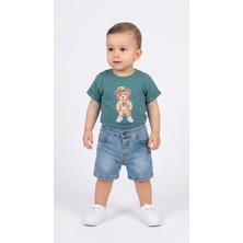 Mini Baray Erkek Bebek Yazlık Omuzdan Çıtçıtlı Pamuklu Kot Şortlu Takım (9-18 Ay)