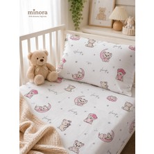 Minora %100 Pamuk Ranforce Lastikli Bebek Çarşafı ve Yastık Kılıfı Seti 70X120 - 35X45-PEMBE Ayı