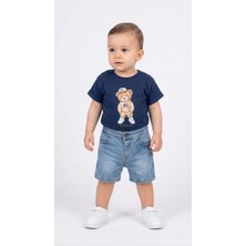 Mini Baray Erkek Bebek Yazlık Omuzdan Çıtçıtlı Pamuklu Kot Şortlu Takım (9-18 Ay)