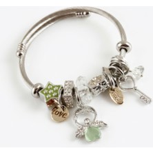 Mupte Jewelry Kadın Gümüş Renk Yeşil Melek Figürlü Çelik Charm Bileklik