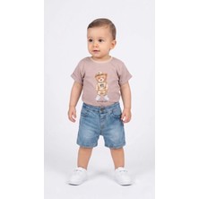 Mini Baray Erkek Bebek Yazlık Omuzdan Çıtçıtlı Pamuklu Kot Şortlu Takım (9-18 Ay)