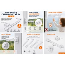 GRAYLINE Ayarlanabilir Cam Emniyet Kilidi 4'lü Set | Çocuk Güvenlikli Pencere Kilidi Beyaz