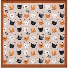 Nergis Collection Kedi Desenli 50X50 Saten Fular Kadın Boyun Fuları Kahve Tonlu