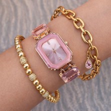Kadın Kol Saati Taşlı Model Pembe Kadran Şık Tasarım Altın