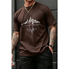 Oksit Mountains Baskılı Bisiklet Yaka Pamuklu Erkek T-Shirt Rahat Kesim