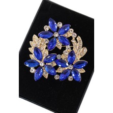 Keeba Yıldızı Çiçeği Broş Safir Mavisi Tonlu Pırlanta Kesim Taşlı Gold Renkli Kadın Yaka Iğnesi Çiçek