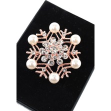 Keeba Mevsimin Incisi Kar Tanesi Kadın Broş Kristal Taşlı Rose Gold Incili Kar Taneli Yaka Iğnesi
