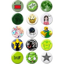 Punky Store Trend-18-15'li Yeşil Anime Kawaii Rozet Seti Karakter Desenli Pop Art Pin