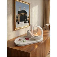 Canseb Elegance Gül Desenli Tepsi, Tevhid Eli Biblo ve Hilal Mumluk Seti (Tealight Mum Hediyeli) Islami Ev Hediyesi Dekoratif Hediyelik