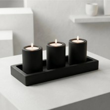 Canseb Elegance Mat Karbon Siyah Dekoratif 4lü Beton Tabaklı Mumluk Seti ( 3 Adet Tealight Mum Dahil )