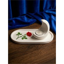 Canseb Elegance Islami Ev Hediyesi Dekoratif - Gül Desenli Hilal Ay Mumluk Seti - (23CM Tepsi 10CM Ay) (Tealight Mum Hediye)