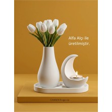 Canseb Elegance 13CM Çiçek Pampas Vazosu & 11CM Hilal Mumluk & 17CM Oluklu Tepsi ( 1 Adet Tealight Mum Hediyeli )