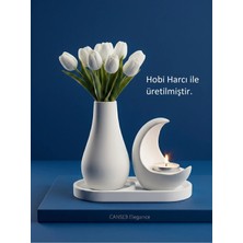 Canseb Elegance 13CM Çiçek Pampas Vazosu & 11CM Hilal Mumluk & 17CM Oluklu Tepsi ( 1 Adet Tealight Mum Hediyeli )