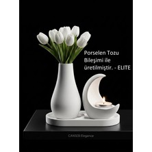 Canseb Elegance 13CM Çiçek Pampas Vazosu & 11CM Hilal Mumluk & 17CM Oluklu Tepsi ( 1 Adet Tealight Mum Hediyeli )
