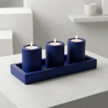 Canseb Elegance Kraliyet Mavisi Dekoratif 4lü Beton Tabaklı Mumluk Seti (Tealight Mum Dahil)