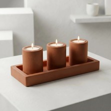 Canseb Elegance Nadal Kiremit Rengi Dekoratif 4lü Beton Tabaklı Mumluk Seti (Tealight Mum Dahil)