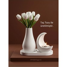 Canseb Elegance 13CM Çiçek Pampas Vazosu & 11CM Hilal Mumluk & 17CM Oluklu Tepsi ( 1 Adet Tealight Mum Hediyeli )