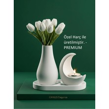 Canseb Elegance 13CM Çiçek Pampas Vazosu & 11CM Hilal Mumluk & 17CM Oluklu Tepsi ( 1 Adet Tealight Mum Hediyeli )