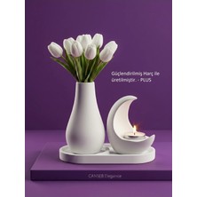 Canseb Elegance 13CM Çiçek Pampas Vazosu & 11CM Hilal Mumluk & 17CM Oluklu Tepsi ( 1 Adet Tealight Mum Hediyeli )