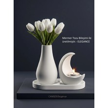 Canseb Elegance 13CM Çiçek Pampas Vazosu & 11CM Hilal Mumluk & 17CM Oluklu Tepsi ( 1 Adet Tealight Mum Hediyeli )