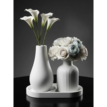 Canseb Elegance 3'lü Şık Dekoratif Set 13CM Vazo & 10CM Çizgili Pampas Vazosu - Hediyelik - Dekor - Obje - Biblo - Taş Tozu