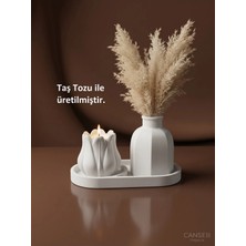 Canseb Elegance Üçlü Mumluk & Pampas Vazosu Dekoratif Obje Seti ( Tealight Mum Hediye )