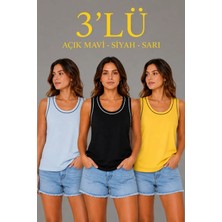 Gökyüzü Moda 3’lü Kolsuz Sporcu Atlet Seti Yazlık Bisiklet Yakalı - Sarı, Siyah, Bebe Mavisi