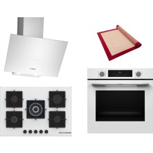 Bosch Beyaz 3 Lü Ankastre Set 594 ( HUA717BV0T - PNQ7B2P31O - DWK64PJ20T ) 75CM Wok Bek Ocak - Buhar Destekli - Pişirme Matı ile