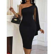 Alyn Wear Kadın Tek Omuzu Açık Omuzdan Pelerinli Midi Ithal Krep Elbise