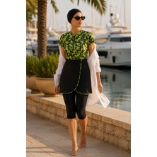 Quhox Kadın Lime Abstract Desenli 4 Parça Yarı Kapalı Tesettür Mayo Takımı