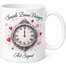 Tupya Gift Seninle Zaman Duruyor Donmuş Saat Uçuşan Kalpler Sonsuzluk Baskılı Porselen Kupa Hediye