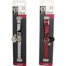 M-Pets Simli ve Zilli Kedi Boyun Tasması Gri- Kırmızı 30 cm