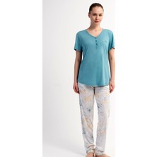 Kezokino Kadın Yarım Düğmeli Kısa Kollu Yeşil Pijama Takımı Rahat Kesim Yazlık Ev Giyim C4T3N2215
