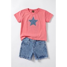 Joy Kids Kız Çocuk Yıldız Detaylı Taşlı Kotlu Delüx Takım (3-10YAŞ) (Pembe)