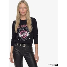 The Kooples Kadın Comfort Fıt Bisiklet Yaka Baskılı Siyah Sweatshırt